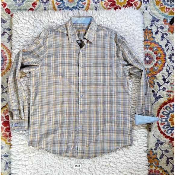 Tasso Elba Mens Shirts Lg 16-16.5 Blue Brown Button Up Plaid Contrast Cuff - Picture 1 of 8